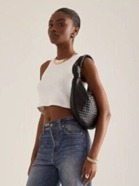Melie Bianco Brigitte Large Vegan Shoulder Bag Hobo Woven Black Purse